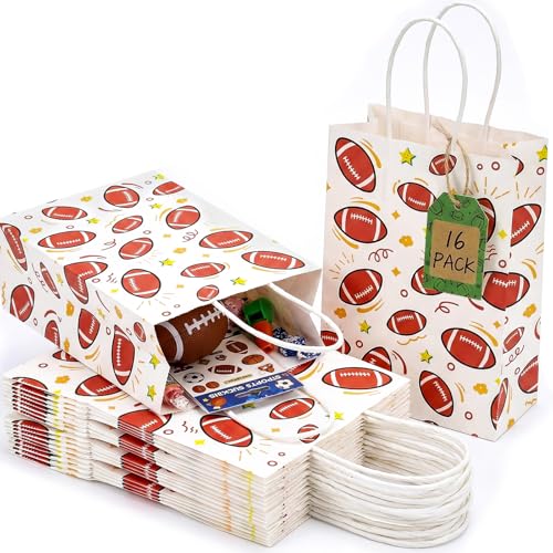 VGOODALL Paper Gift Bags Football Goodie Bags with Handles 5.5 x 2.8 x 8 Inches Pack of 16 for Team Snack kids Birthday Party Favor Supplies