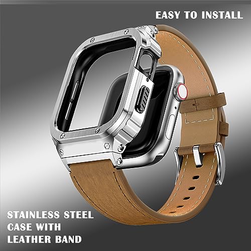 Suplink Metal Case with Leather Watch Strap Compatible Apple Watch Straps 45mm,Stainless Steel Rugged Protector Cover Bumper Genuine Leather Band for iWatch Series 8/7(Brown/Silver,45mm) - Image 4