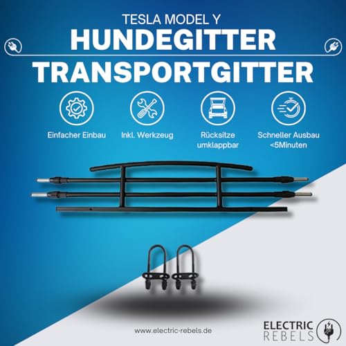Electric Rebels Hundegitter/Transportgitter – kompatibel mit Tesla Model Y (auch Juniper) – stufenlos verstellbar, komplettes Montage-Set, ruhiger & sicherer Schutz für Hunde und Fahrer