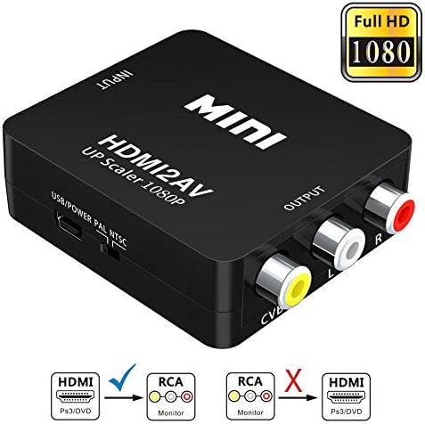 HDMI to RCA,Elizza 1080P HDMI to 3RCA CVBS AV Composite Video Audio Converter Adapter Supporting PAL/NTSC with USB Charge Cable for PC Laptop Xbox PSTV STB VHS VCR Camera DVD,Black