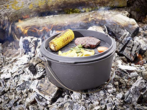 Echtwerk EW-GE-1225 Dutch Oven BBQ Kochtopf ca. 8 L, Bereits eingebrannt - preseasoned, Deckel mit Edelstahl Henkel als Pfanne nutzbar, Grilltopf für Indoor und Outdoor, Big-Edition, Gusseisen