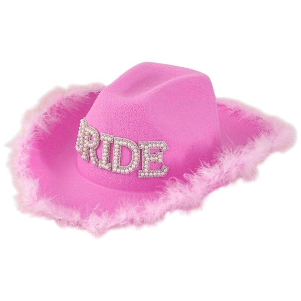 Sofezdo Women Felt Cowboy Hat Fluffy Feather Trim Cowgirl Hat Bridal Western Hat Wide Brim Headwear for Wedding Hen Party & Festival
