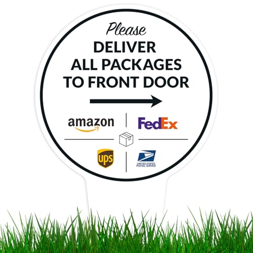 Image of Package Delivery Sign, Delivery Instructions Deliver All Package to Front Door Right Arrow Sign, 9x17 Inches Round Shape, Aluminum Composite Made in USA by Sigo Signs