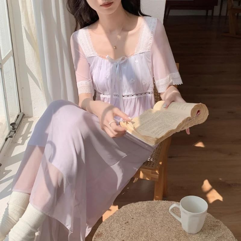 OFFSUM Camisón De Pijama De Mujer - Verano Malla Encaje Bordado Cuello Cuadrado Ropa De Dormir Dulce Tamaño Grande Temperamento Camisón Princesa Ropa De Casa Vestido