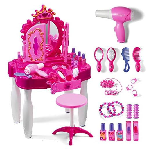 Play22 Pretend Play Girls Vanity Set with Mirror and Stool 20 PCS - Kids Makeup Vanity Table Set with Lights and Sounds - Kids Beauty Salon Set Includes Fashion Hair & Makeup Accessories & Blowdryer