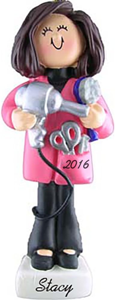 Hairdresser Personalized Christmas Ornament - Female - Brunette Hair - Handpainted Resin - 4" Tall - Free Customization by Calliope Designs