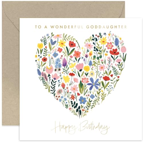 Old English Co. Wonderful Goddaughter Birthday Card - Floral Heart Painting Gold Foil - Cute Women's Flower Card | Blank Inside Envelope