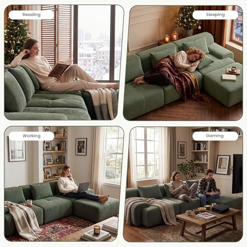 GRUSIGN 108\'\' Modular Sectional Boneless Sofa, Tufted Sectional Couches for Living Room,Oversized L Shape Deep Seat Sofa with Ottoman & 3 Throw Pillows,Corduroy Cloud Couch,Green