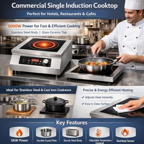 Image of 5000W Flat Induction Cooktop | Heavy Duty Commercial Electric Stove | Fast Heating Burner