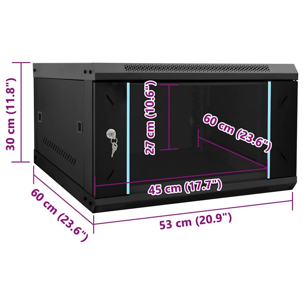 Armadio da parete per tecnologia di rete, 53 x 60 x 30 cm, in acciaio con porta in vetro, armadietto server IT con serratura, per ufficio e rete domestica