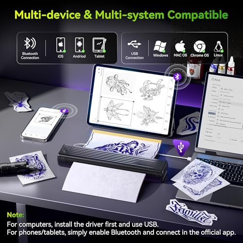 Itari A886 Tattoo Stencil Drucker Bluetooth mit 100 Blätter Papier, Schablone Drucker Übertragungskits für Anfänger und Künstler, Thermodrucker Tattoo Maschine Kompatibel mit Smartphone & PC, Schwarz