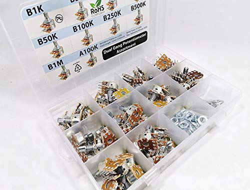 3Pdt A-B-0753 50 Pcs Dual Gang Stereo 6-Pin Potentiometer Assortment 1K 5K 10K 20K 50K 100K 250K 500K 1M A100K thumb #1