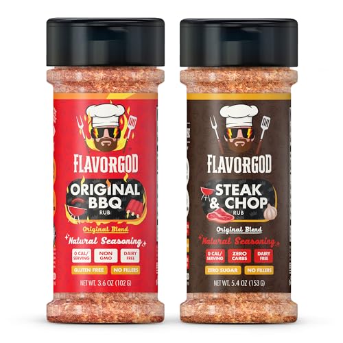 Barbeque Rubs Combo Pack of 2, Dry Rub Gift Set - Original BBQ, and Steak & Chop - Premium All Natural & Healthy Spice Blend - Flavor God Seasonings