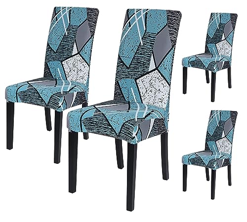 Image of House of Quirk Elastic Chair Cover Stretch Removable Washable Short Dining Chair Cover Protector Seat Slipcover (Pack of 4, Grey /Blue Prism)