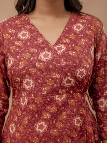 Image of feranoid Floral Print Angrakha 3 Sleeves Flared Kurti