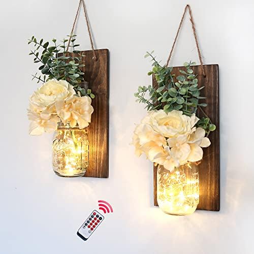 Besuerte Rustic Wall Decor Sconces - Country Vintage Farmhouse Home Bedroom Living Room Wall Art Decor with Wireless Remote,Rose Flowers&LED Fairy Lights,Set of 2, Jacobean Color
