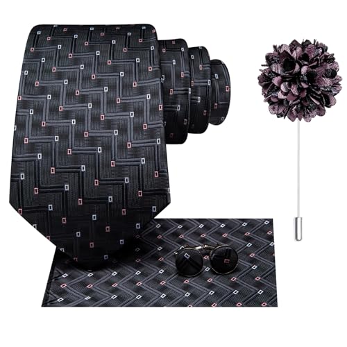 Image of Hi-Tie Men Silk Ties Set with Flower Lapel Pin Necktie Pocket Square Cufflinks for Tuxedo Wedding Business