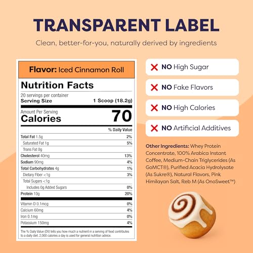 Image of Javvy Protein Iced Coffee - Premium Whey Protein & Iced Coffees, 100% Natural Cold Brew, Zero Artificial Flavors & Sweeteners, 80mg Caffeine, No Added Sugar, 20 Servings, Iced Cinnamon Roll, 1 Pack