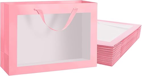 12 bolsas de regalo rosas con ventana transparente, 16 x 6 x 12 pulgadas, bolsas de regalo extragrandes con asas para boda, graduación, día de San