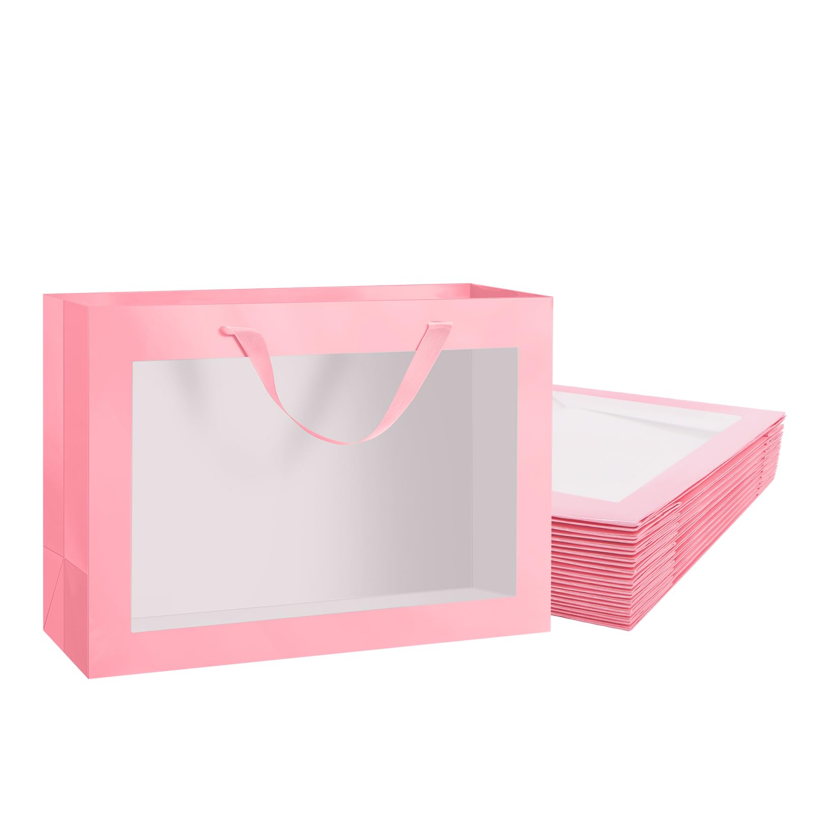PACKQUEEN 12pcs Pink Valentine's Day Gift Bags with Transparent Window, 16x6x12 Inches Extra Large Gift Bags with Handles for Wedding Graduation