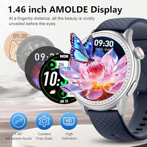 Image of Smart Watch for Men Women Answer /Make Call, 1.46'' AMOLED Ultra-Clear Screen Fitness Tracker with Heart Rate /Sleep /SpO2 Monitor, 3ATM Waterproof Smartwatch for iPhone /Samsung /Android, 110+ Sport, Blue
