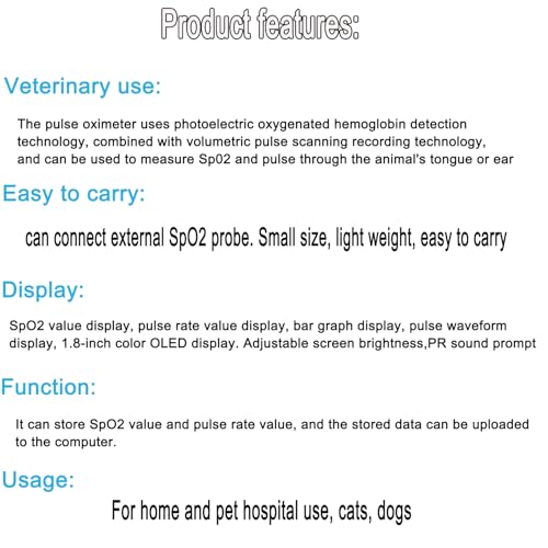 Tierärztliche Pulsoximeter für Haustiere - Handheld SpO2 Sensor mit Sonde und USB-Kabel zur Überwachung von Hunden, Katzen und Tieren in Familien- und Haustierkrankenhäusern