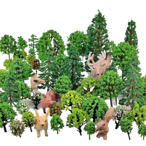 66 Pcs HO Scale Trees Kit with Animals & Shrubs, Model Railway Scenery Forest Diorama Supplies for Train Layout, DIY Sand Table Crafts