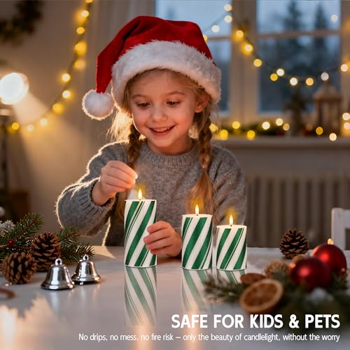 Image of Candy Cane Stripe Flameless Candles with Remote, Green Battery Operated Pillar Candles Real Wax, Flat Top Flickering Christmas LED Candle Decorations for Xmas, Home, Party Decor, Set of 3