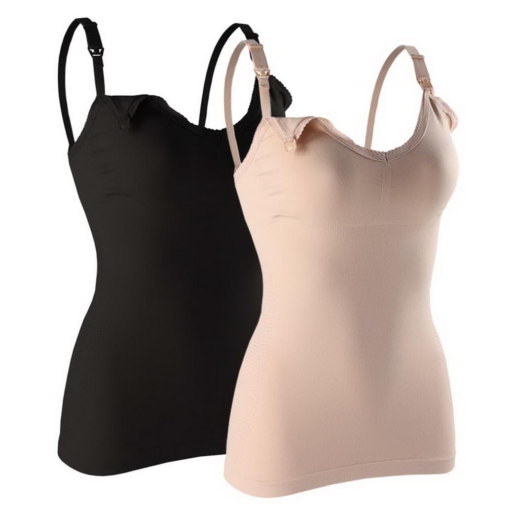 Lot de 2 Haut d'allaitement de Grossesse, Débardeurs de Maternité Camisole Tank Top pour Femmes sans Armatures Tops d'allaitement sans Couture avec Rembourrage Amovible