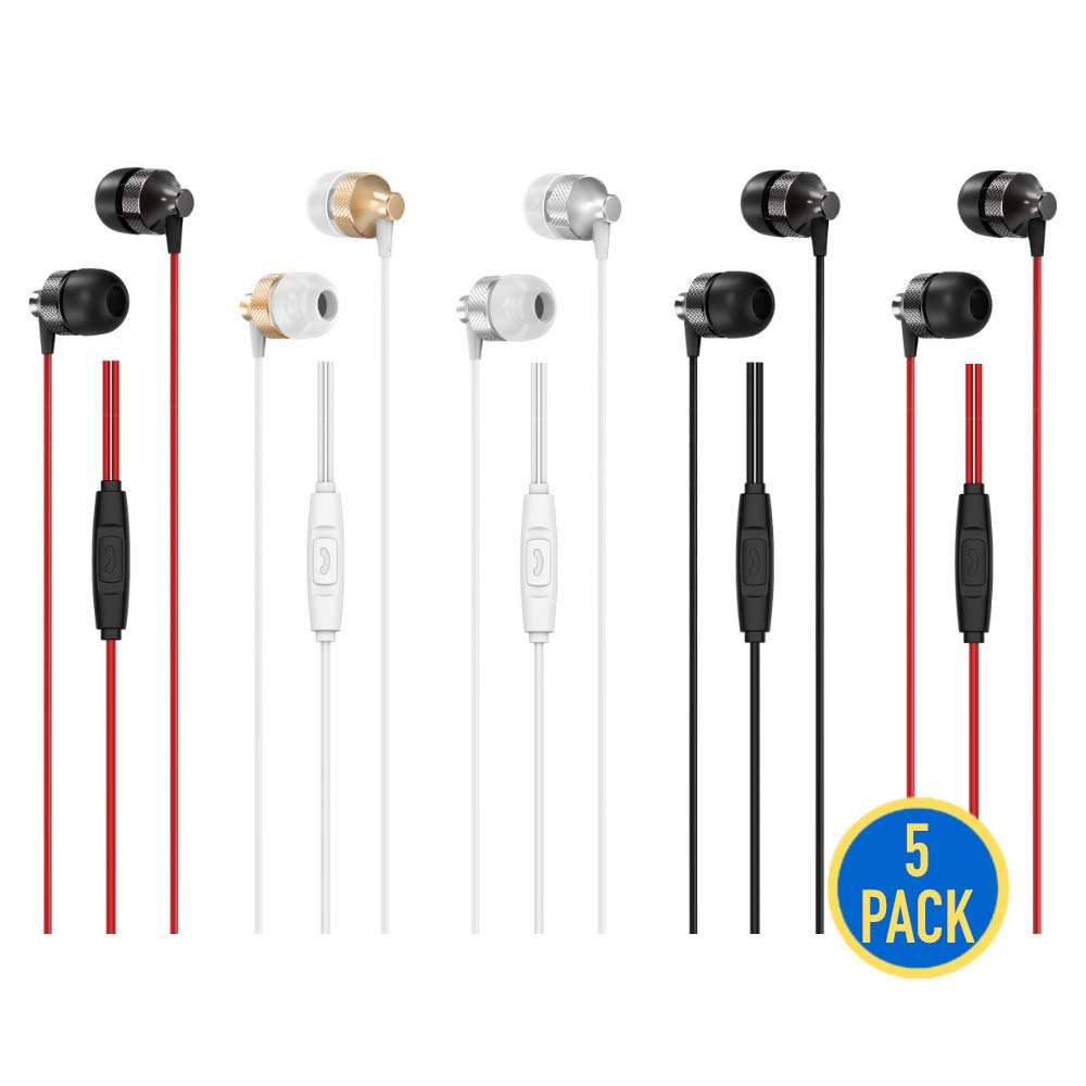 5 Pack Earbud Headphones with Microphone Remote Control (G08), Wholesale Bulk Corded Earphones Headsets Accessory Competible with iPhone Android Smart Phone, Laptop, MP3, Media Player, Chromebook