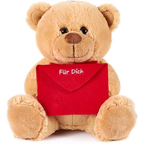 Brubaker Teddy Plüschbär mit Umschlag Rot - Für Dich - 25 cm - Teddybär Plüschteddy Kuscheltier Schmusetier - Hellbraun