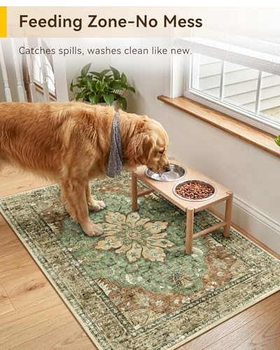 Image of RELEANY Area Rugs Small 2'x3' Washable Non-Slip, Floral Vintage Distress Medallion Carpet for Kitchen Entryway Bathroom, Terracotta Burnt Orange Green