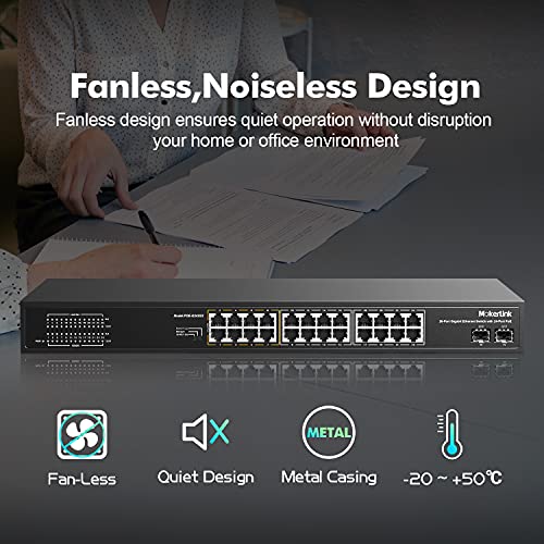 Image of MokerLink 26 Port Gigabit PoE Switch, 24 Gigabit PoE+ Ports, 2 Gigabit SFP Uplink, 300W IEEE802.3af /at, Fanless Rackmount Unmanaged Plug and Play Ethernet Switch