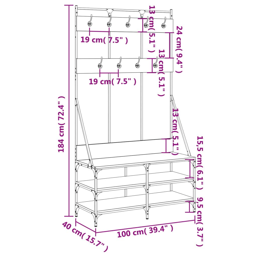 Kleiderständer mit Schuhablage in Braun Eichen-Optik aus Holzwerkstoff und Metall 100x40x184 cm platzsparend für Schlafzimmer Flur Ankleidezimmer mit Rollen und höhenverstellbar