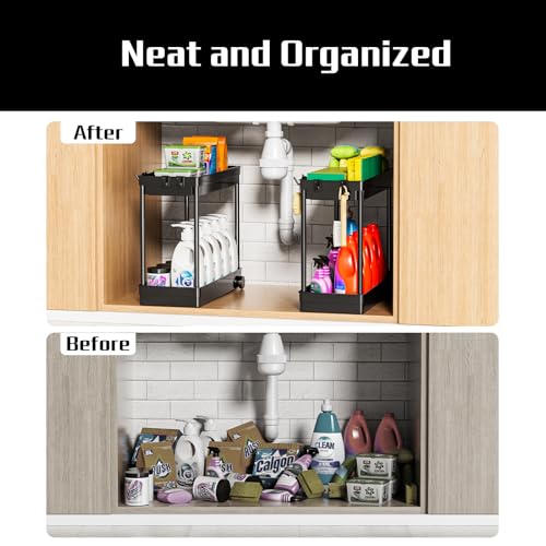 2 Pack Under Sink Organizer, 2 Tier Bathroom Cabinet Organizers and Storage with Hook, Multi-purpose Storage Basket Shelf for Kitchen, Black - Image 6