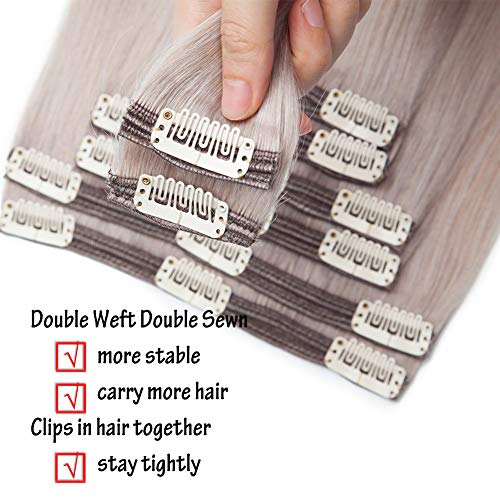 Image of Benehair 18inch 140g Clip in Hair Extensions Real Human Hair Highlighted Grey Thick Double Weft for Women Remy Hair Seamless 18 Clip ins 8pcs Long Straight Hairpieces for Full Head