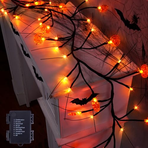 Guirnalda de Halloween de 6 pies con 54 luces LED de sauce con ramita de calabaza, con temporizador, 8 modos, impermeable, naranja, luces de Halloween para interiores, funciona con pilas, guirnalda de