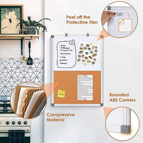 Cork Board and Dry Erase Board Combo Bulletin Board Combination Magnetic WhiteBoard Pin Notice Board for Home Office School with 4 Dry Erase Maker+6 Magnets+12 Pushpins, 24x18inche image 1