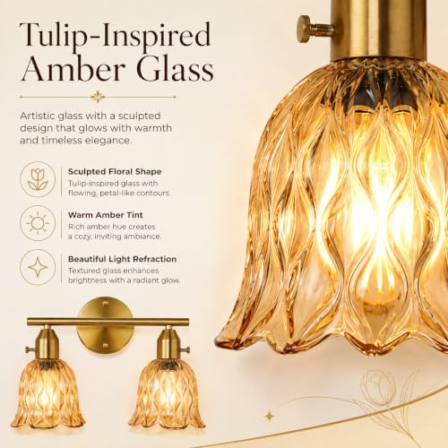 Image of 14.17 inch 2-Light Bathroom Light Fixtures, Gold Vintage Vanity Lights with Clear Amber Glass Shades, Bathroom Wall Lamp for Mirror Living Room Cabinet Bedroom Porch