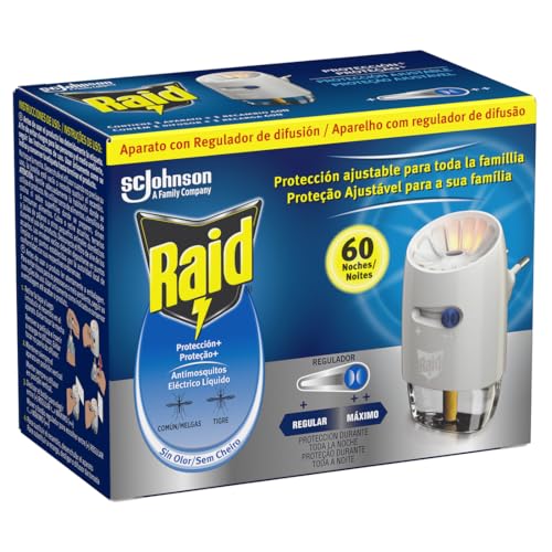 Raid ® Eléctrico Líquido Protección+ 60 noches - Enchufe anti mosquitos comunes y tigre con difusor regulable, Incluye aplicador y recambio