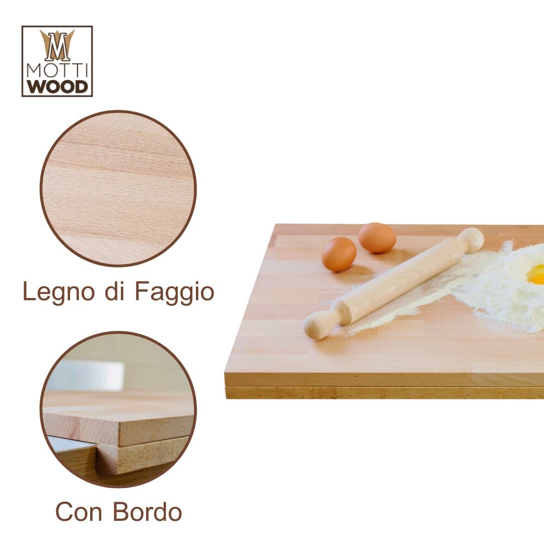 Tabla de pasta, rodillo incluido, 100% madera de haya, 60 x 40 x 1,9 cm, con escalón (2,2 cm)