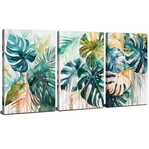 Tropical Monstera Wall Art Leaf Pictures Wall Decor for Bathroom Abstract Watercolor Sage Green Palm Leaves Paintings Botanical Canvas Prints Posters Artwork Home Living Room Decoration 12x16" 3Pcs