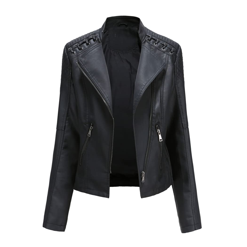 YOJOLO Women's Leather Jacket Faux Leather Moto Jacket Slim Zip-Up Biker Jacket Spring Autumn Leather Coat Outwear,Black,3XL