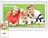 Frameo - Cornice digitale da 64 GB, 15,6 pollici, WiFi, colore: bianco classico, 1920 x 1080p FHD IPS touch screen grande elettronico, rotazione automatica, montaggio a parete, condivisione di foto e