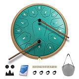 Steel Tongue Drum, 13 Zoll 15 Noten Zungentrommeln, C-Dur Drum Percussion Instrumente, Handpan Drums mit Notenbuch, Schlagzeugschlägel und Tragetasche (Malachitgrün)