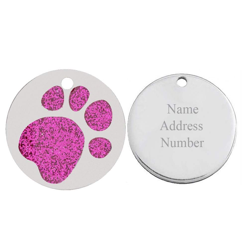MY GIFT TREE Engraved 25mm Circle Glitter Paw Print Dog Pet ID Tag Disc (Pink)