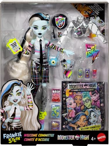 Image of Monster High Frankie Stein Doll, Welcome Committee Set with 15 Accessories Including Poster, Sticker, Pet Watzit and More