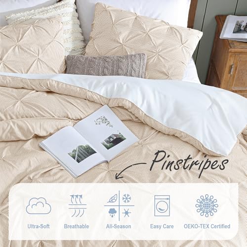 Image of Swift Home King Pinstripe Taupe Comforter Set - Classic Pintuck Bedding Set - 3 Pieces Bed Linen, 1 Comforter and 2 Pillow Shams