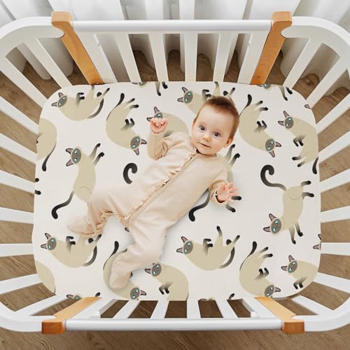 Image of CaTaKu Cute Siamese Cat Mini Crib Sheets for Girls Boys Baby Mattress Sheets Fitted, Soft Toddler Nursery Bed Sheets Neutral 28 inchx 52 inch