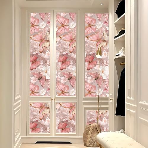 Image of Pink Butterfly Wall Decals, Watercolor Flower Peel and Stick Wallpaper for Girls Bedroom Nursery, Romantic Floral Mural for Mother's Day Home Decor, 39.37x15.75 Inch